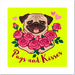 Funny pug puppy dog holding a bunch of pink roses, with hearts and text "Pugs and Kisses Posters and Art